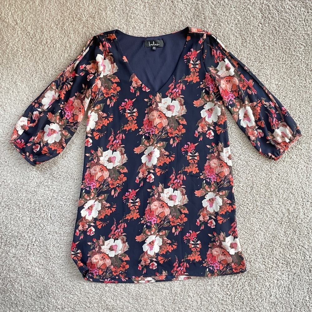 Lulu's Shifting Dears Floral Navy Pink V-Cut Long Sleeve Shift Mini Dress XS